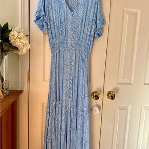 Blue Printed Tiered Maxi Dress with Shirred Waist
